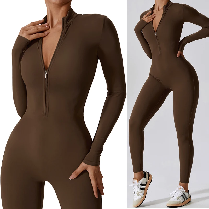 Wholesale Women's Apparel Training Suits Long Sleeves Long Plus Size Jumpsuits Playsuits with Half Zip Gym Sports Shorts