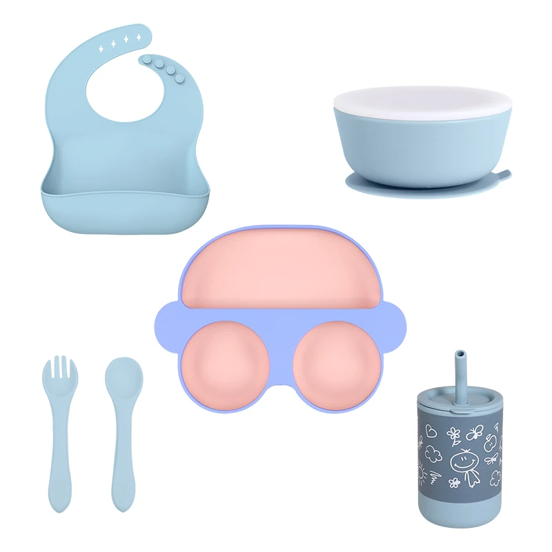 Eco-friendly Silicone New Born Baby Feeding Nursing BPA Free Dinnerware Car Plates Bib Set Kids Dining Babi Spoon And Fork Set