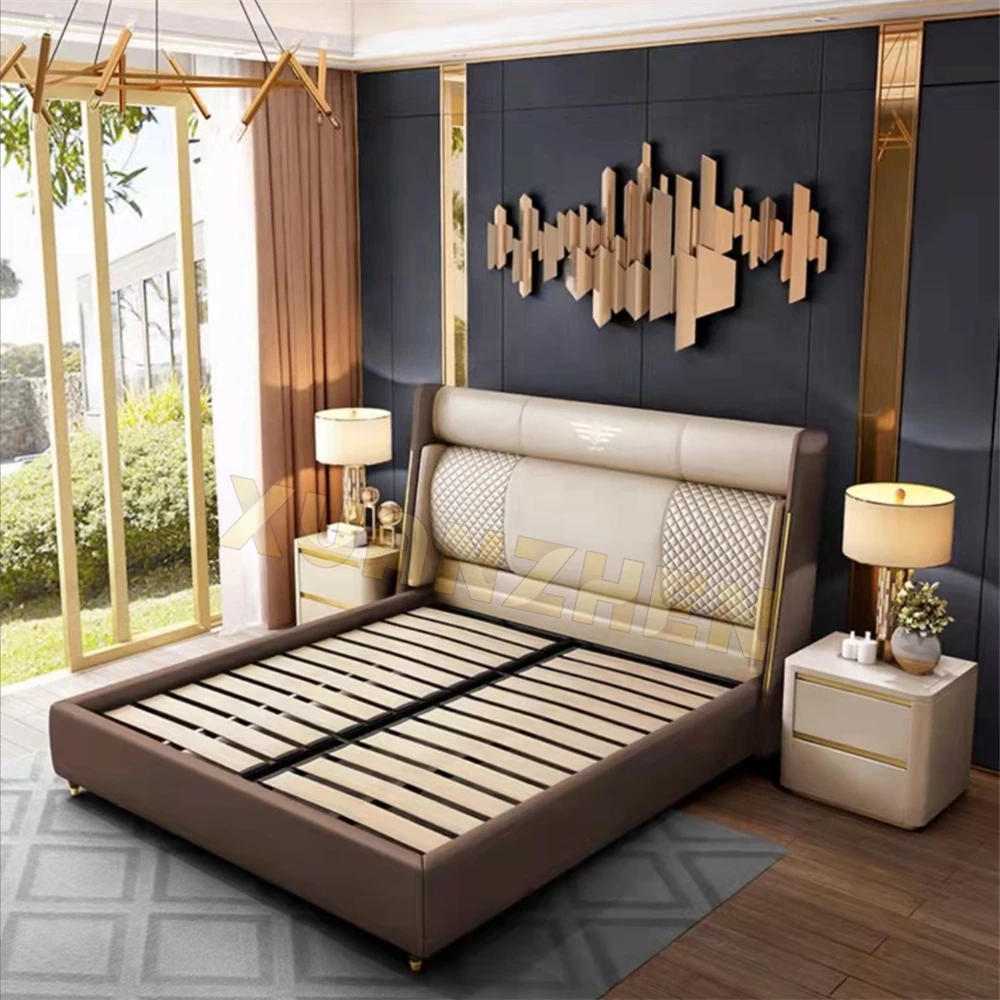 Bedroom furniture king size luxury bed set leather beautiful wooden bed frame hotel golden modern metal beds Y-X11
