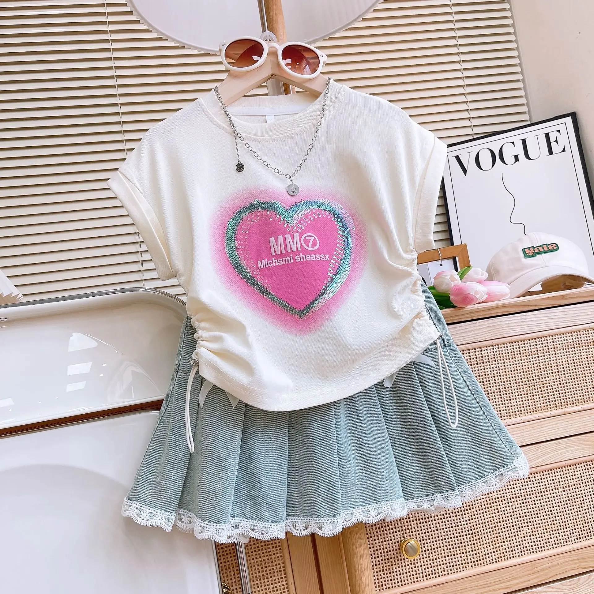 2024 Summer Fashion Kids 2pcs Suits Sleeveless T-shirt+Lace Denim Skirt Sweet Girls Clothes Sets
