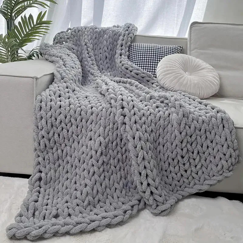 Custom Nature Big Knot Wool Throw Chenille Weighted Handmade Thick Yarn Chunky Knit Blanket
