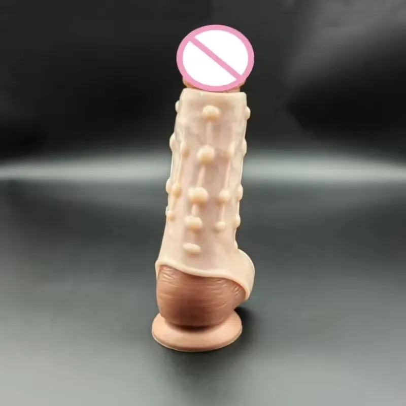 CADO Black Tpe Adult Sex Toys Coarse Wear Penis Sleeve With Lock Extension And Stud Crystal Set Vibrating Ring For Men