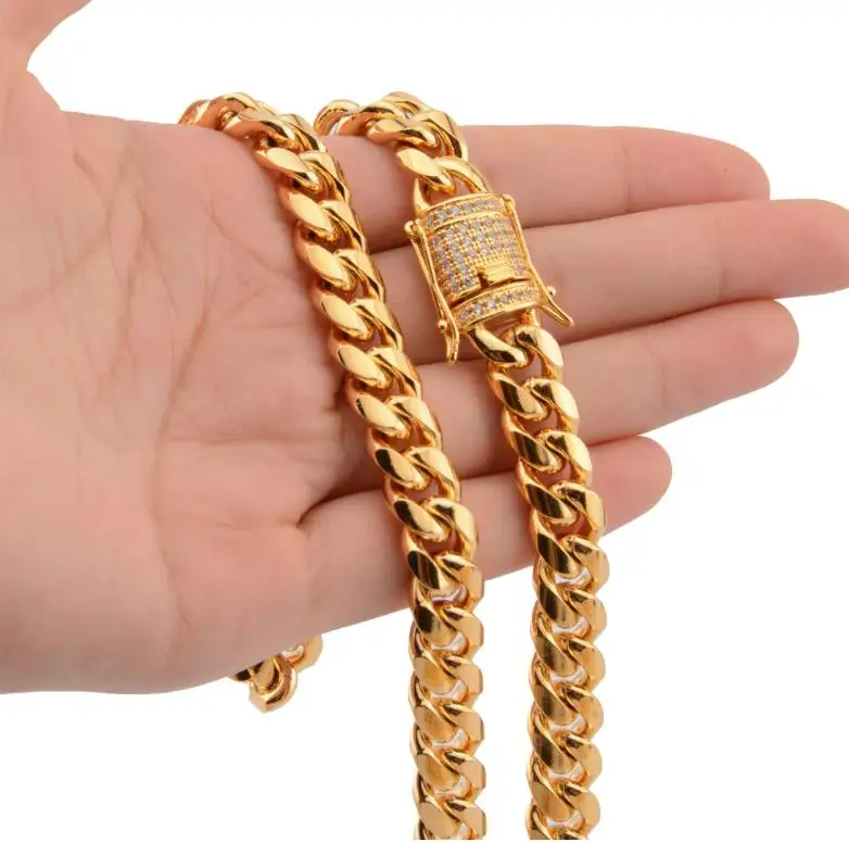 PVD 6-18mm Custom size best seller chain Jewelry Cuban Chain Necklace Iced Cuban Link Necklace 18k Gold Stainless Steel chain
