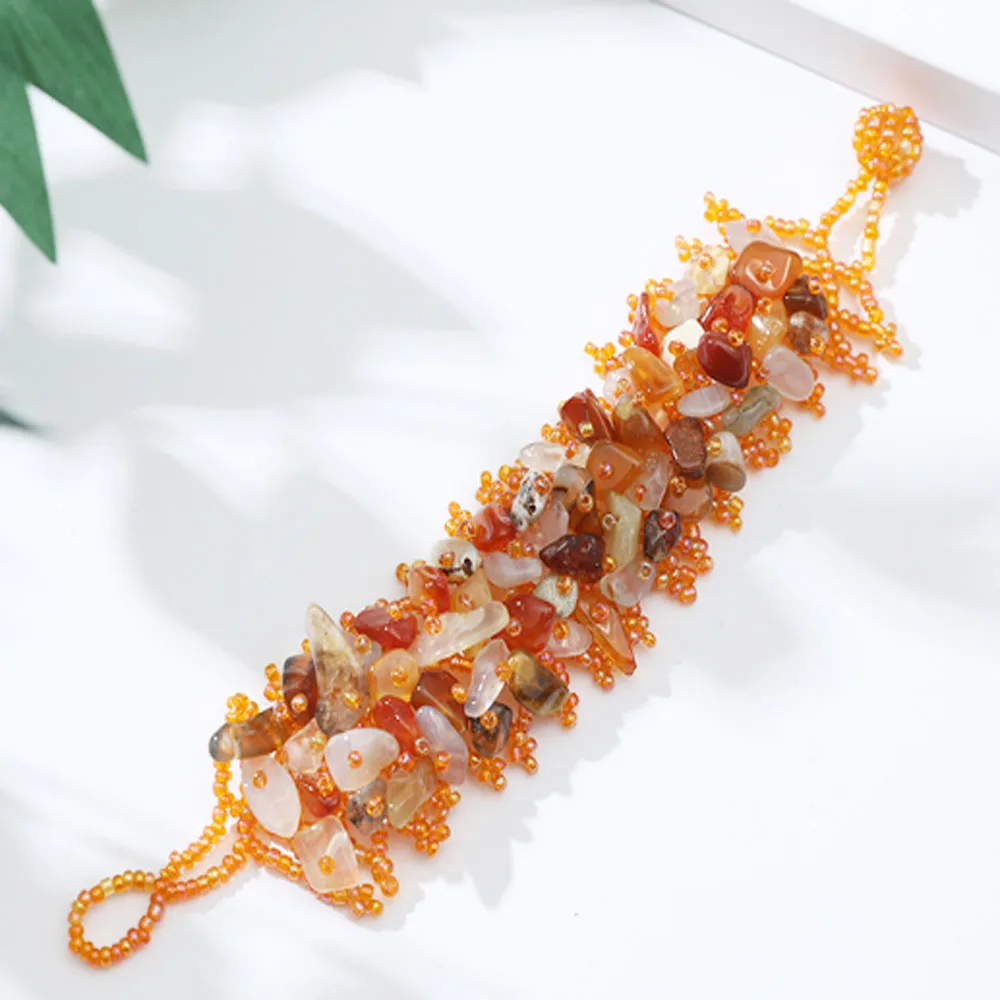 fashion trendy handmade healing natural small stone chips and glass rice seed beads mix woven wide bracelet jewelry women
