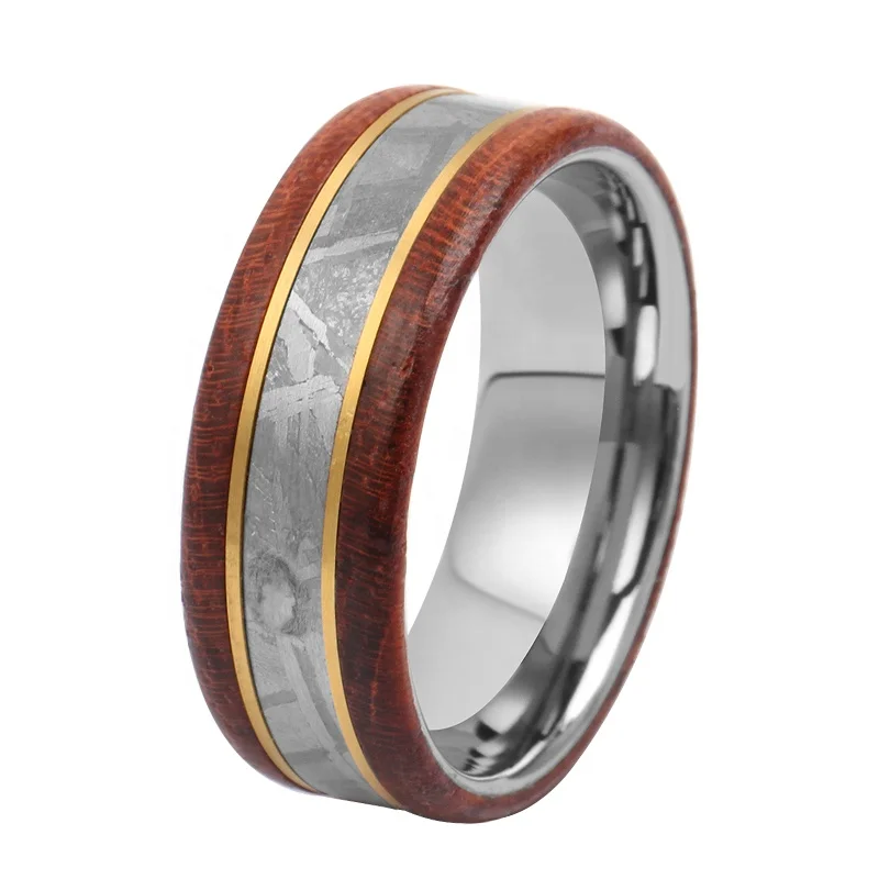 TIZTI Ring Jewelry 8mm Stainless Steel ring Muonionalusta Meteorite and Koa Wood inlay Tungsten Men rings