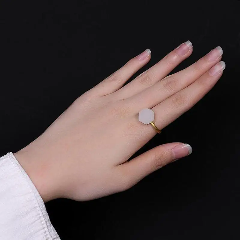 Minimalist Design Chinese Style Natural White Jade S925 Sterling Silver Ring Geometric Opening Ring Jewelry