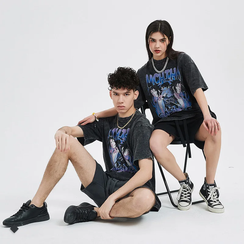 Harajuku Japan Style acid wash gray loose male graphic t-shirt anime game print pure cotton male short sleeves