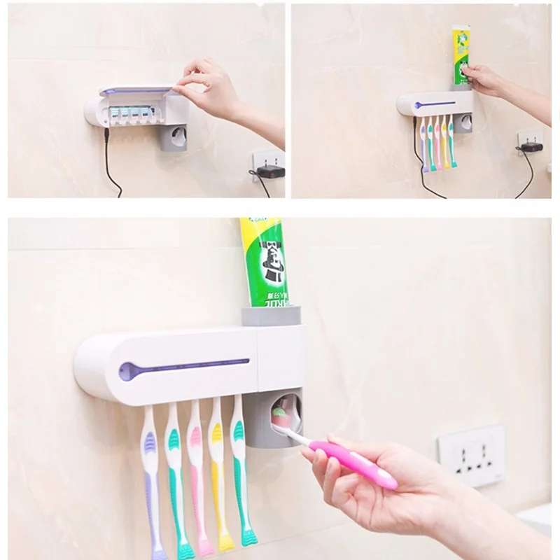 
Household plastic automatic toothpaste dispenser, ultraviolet toothbrush disinfector ,UV toothbrush holder 