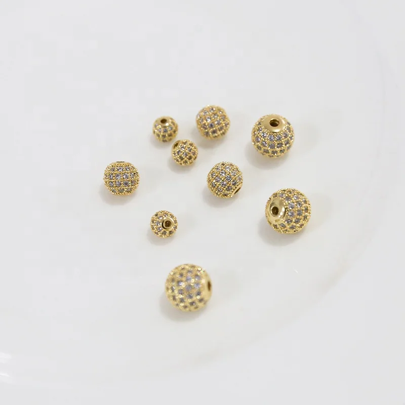 6MM/8MM/10MM real gold plated round brass beads mirco pave with zircons for DIY handmade jewelry making