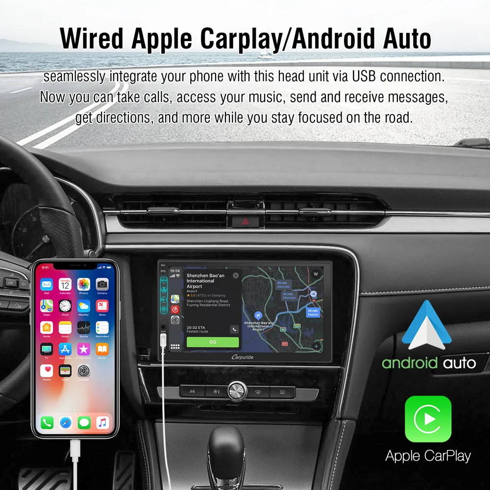 7 Inch with waterproof 1080p Back camera Double Din Car Stereo Carplay and Android Auto Touch Screen Car Audio Receiver MP5
