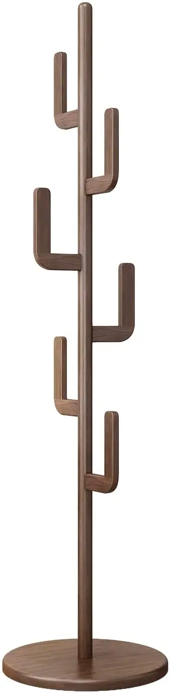 Hallway Entrance with 6 Hooks for Bedroom Office Clothes Jacket Purse Bag Cactus Shape Walnut Freestanding Coat Tree