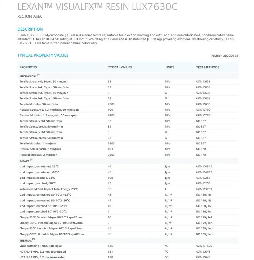 Optical PC LUX7630C SABIC UV resistant, 1.0mm V0 5VA bromine-free, chlorine-free flame retardant extrusion