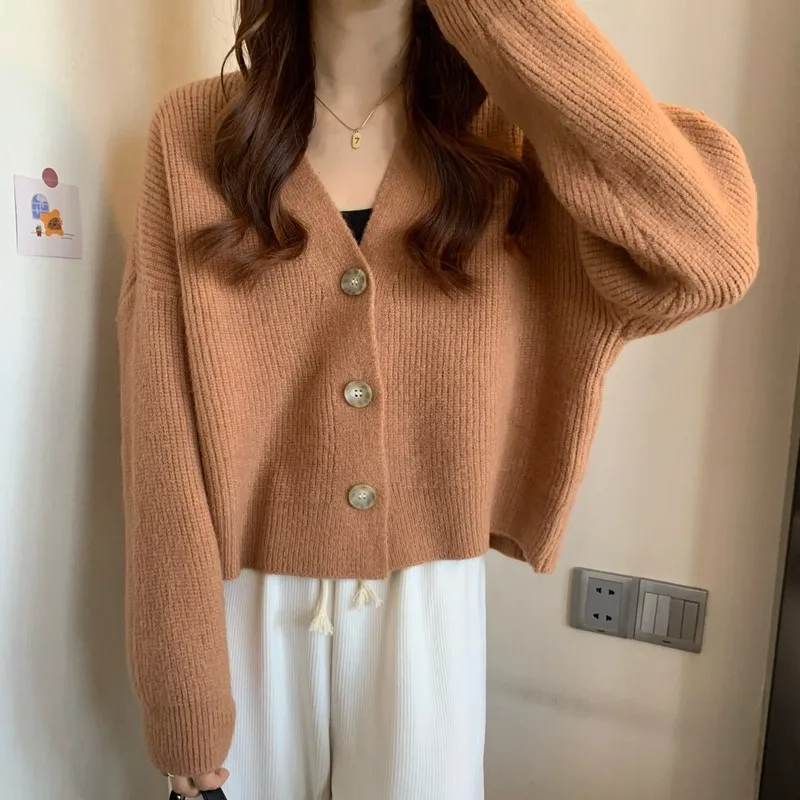 Dropshipping Korean Women Loose Sweaters Autumn Winter Long Sleeve Soft Knitted Button Open Front Cardigan Ladies Knit Coats