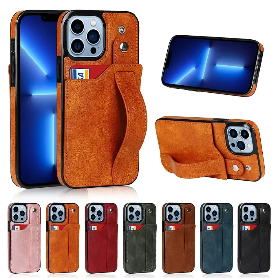 Leather phone case with card holder with hand strap for iphone 14 pro max, for iphone 13 case ring card