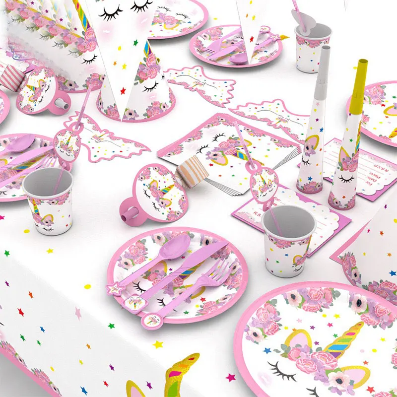 
Custom Kids Unicorn Party Tableware Sets Disposable Wholesale Birthday Party Supplies 