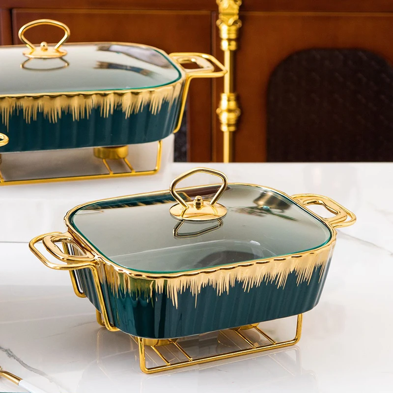 Rectangular design ceramic casserole pot tableware candle fire heating Restaurant dry soup pot with golden rack