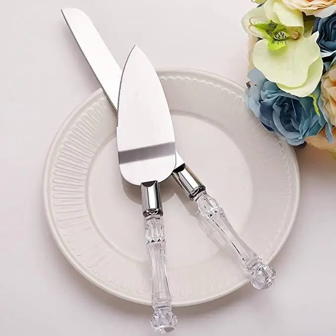 2 piece Gift pack stainless steel cake serving utensils crystal handle wedding knife server set for birthday and parties