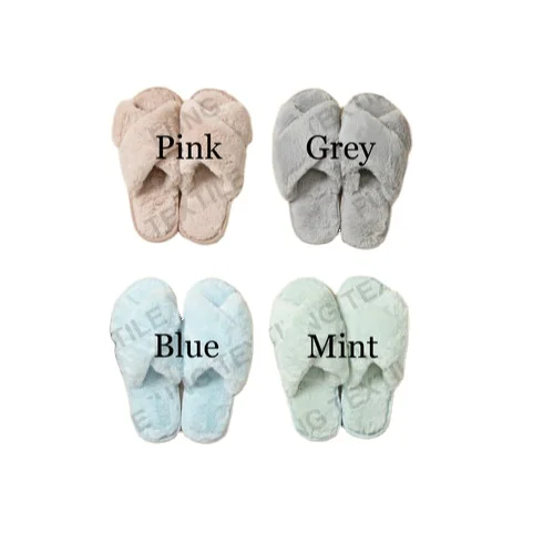 Fung Stock Ready to ship  Woman Cross Strap TPR Sole Fluffy Fuzzy Indoor Plush Faux Fur Slippers