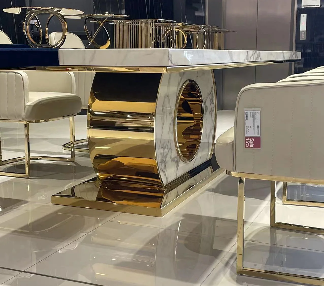 AN08  Luxury   round  Coin  gold chromed dining table set 10 seater marble table  chair set