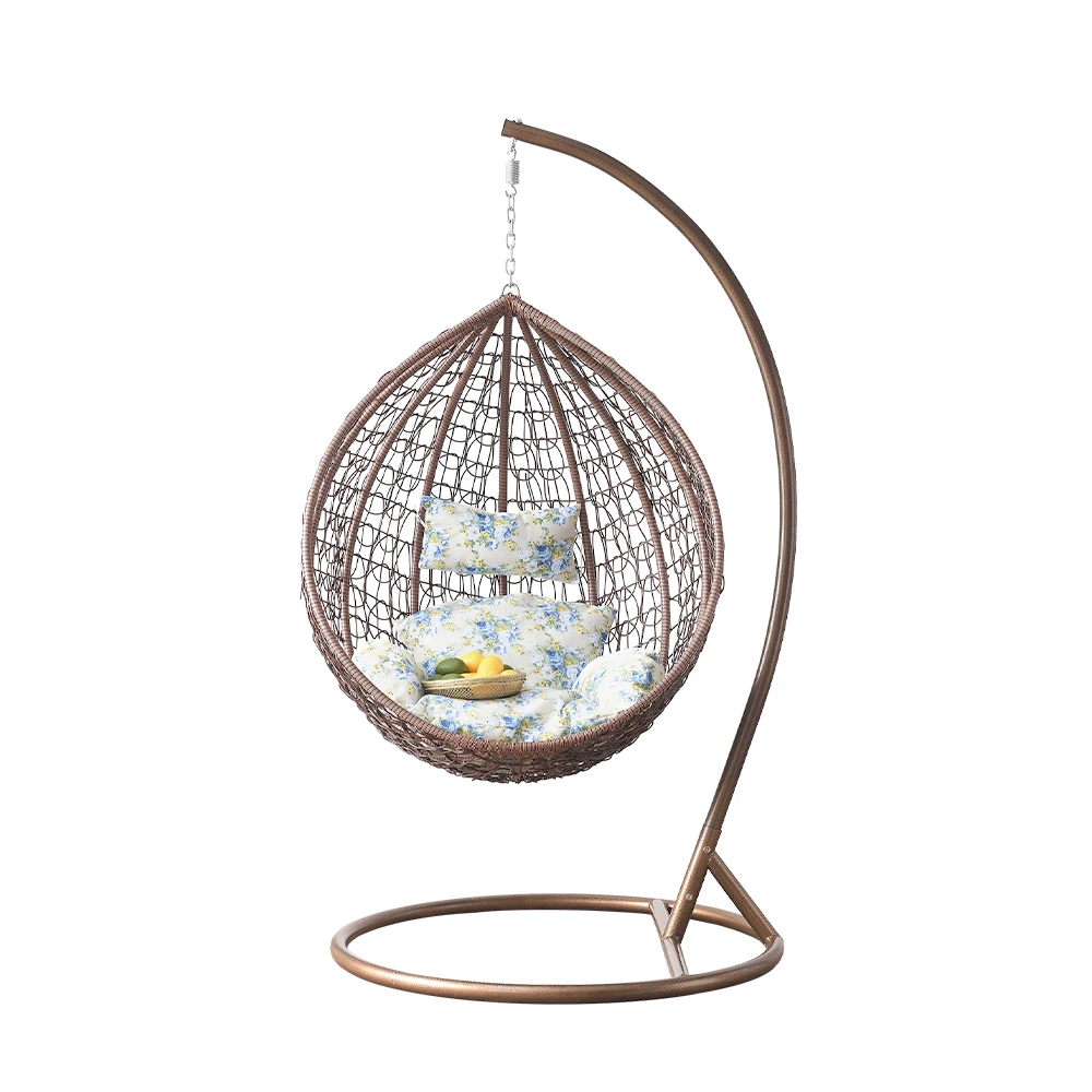 Garden Iron Metal Frame Rattan Egg Hanging Swing Chair With Cushion
