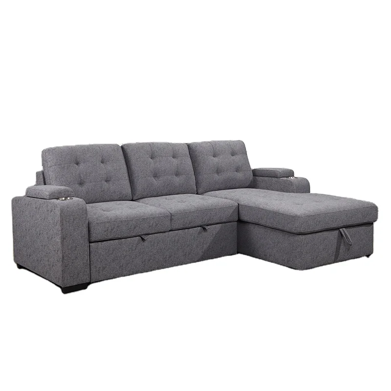 Customized Corner Sofa Set 1 Seats Chaise Living Room Sofa Steel Cups in Armrest Sofa Bed with Storage