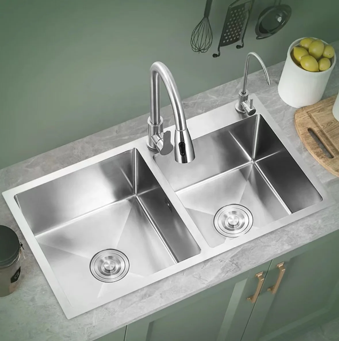 Handcrafted Custom Rectangular Double Bowl Practical Sink, New Base, Portable Hand Washing Household Sink