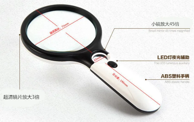Оптовая продажа, мощное ручное круглое увеличительное стекло с 3 светодиодами для чтения