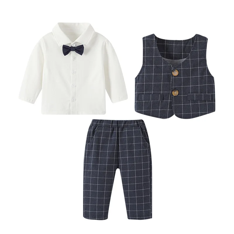 Baby First Birthday Suit Top Vest Pants Clothing Set Baby Clothes Pure Cotton Plaid Three-Piece Suit For Boy Handsome