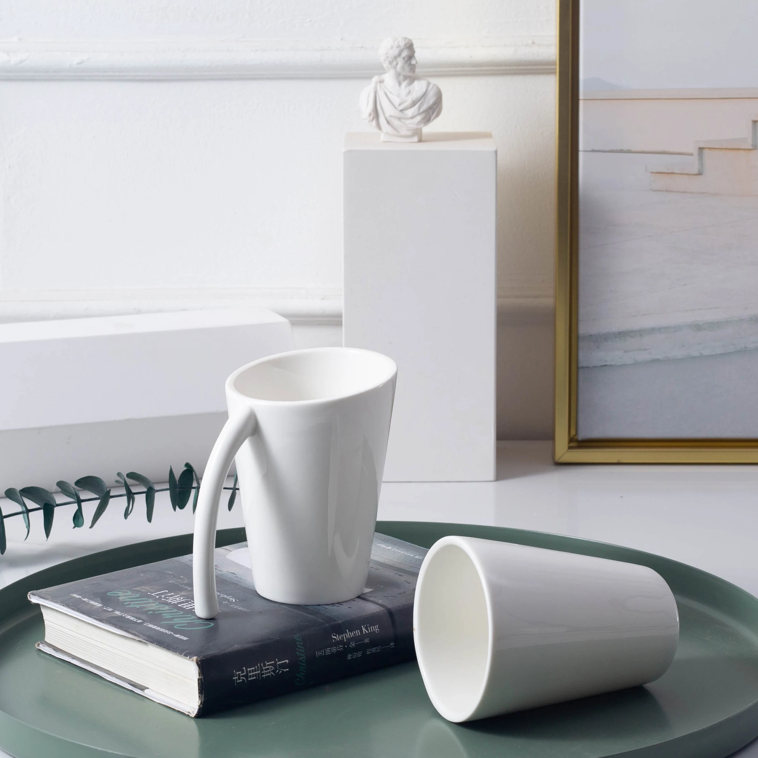 Modern white Bevel porcelain cup with handle minimalist large capacity ceramic mug