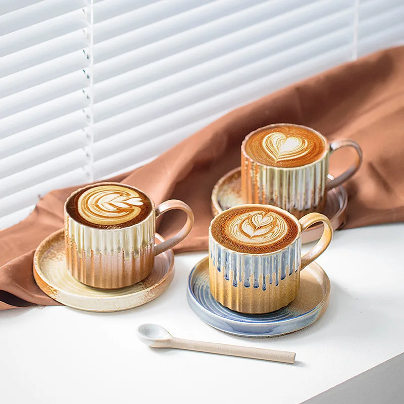 250ML Light Luxury Style Striped Coffee Mug Cup And Saucer Retro Stoneware Japanese Flowing Glaze Afternoon Tea Cup with Saucer