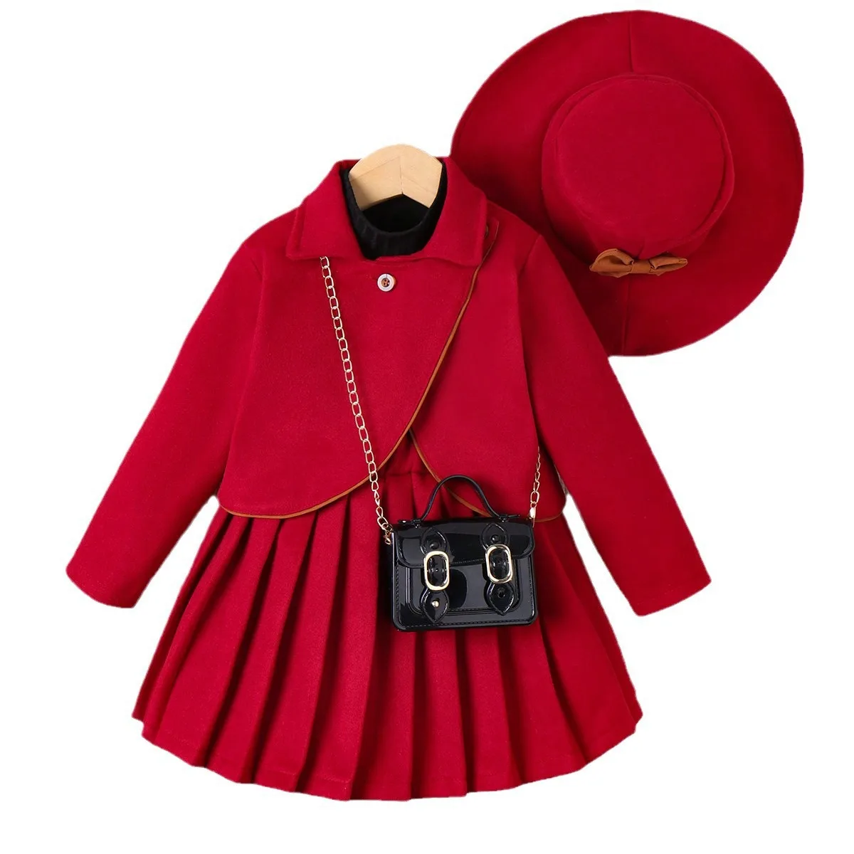 Fashionable and Elegant Solid color turn-down collar long sleeve coat + pleated skirt + hat Hot Sale