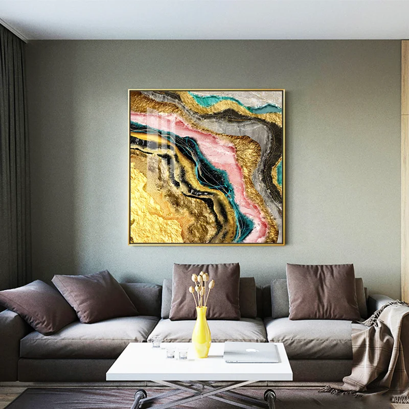 Abstract Gold Foil Oil Painting Canvas Wall Hanging Art Picture Gold Geode Epoxy Resin Glass Printing Crystal Porcelain Painting