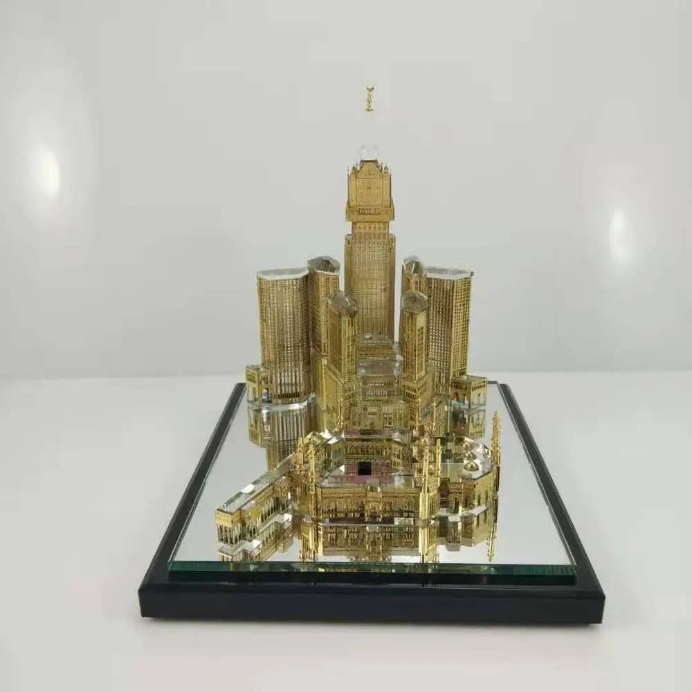 Exquisite design muslim makkah clock tower and mosque set crystal metal building model for sale