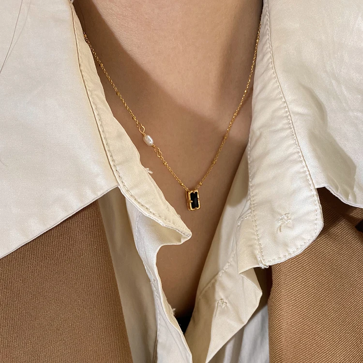 Rectangle Black Cubic Zircon Natural Freshwater Pearl Necklace Beads Chain Pendant Necklaces Women INS French Vintage Jewelry