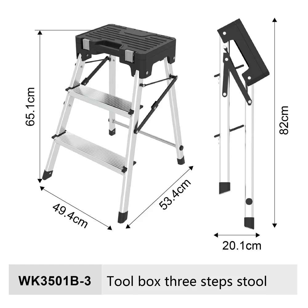 3 tier double sided aluminum folding portable stepladder 3 step stool ladder with tool box