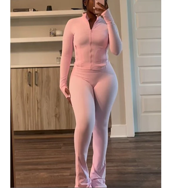 Gym Wear for Women 2 Piece Set Zip Up Active Jacket Nylon Elastane Leggings Flared Pants Yoga Sets For Women