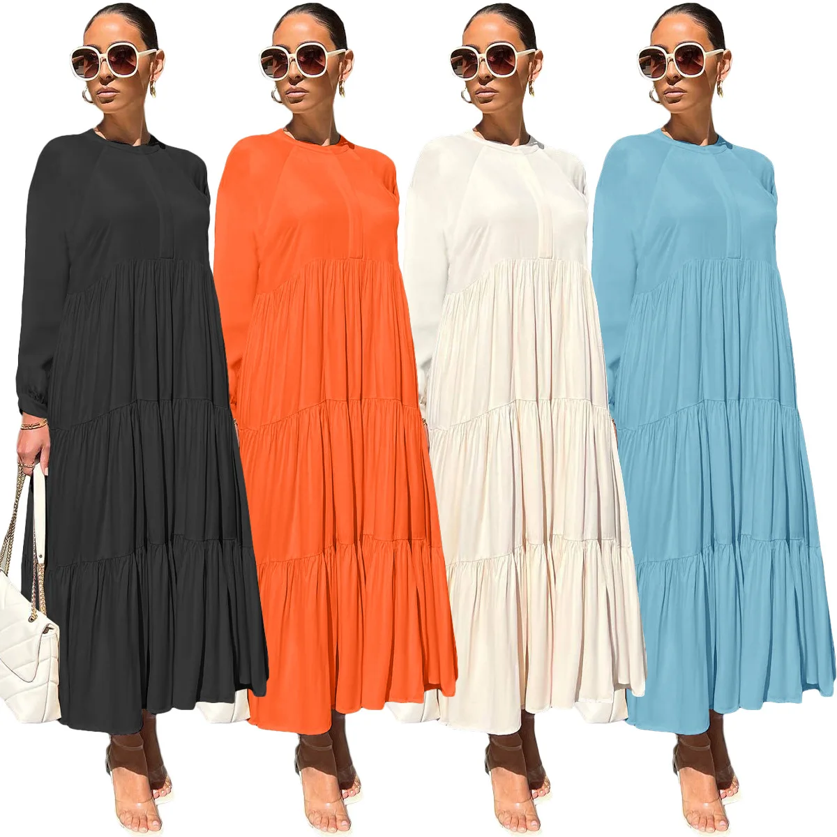 Autumn and winter Women Clothes Solid Color Maxi Dresses casual long sleeve loose patchwork dress
