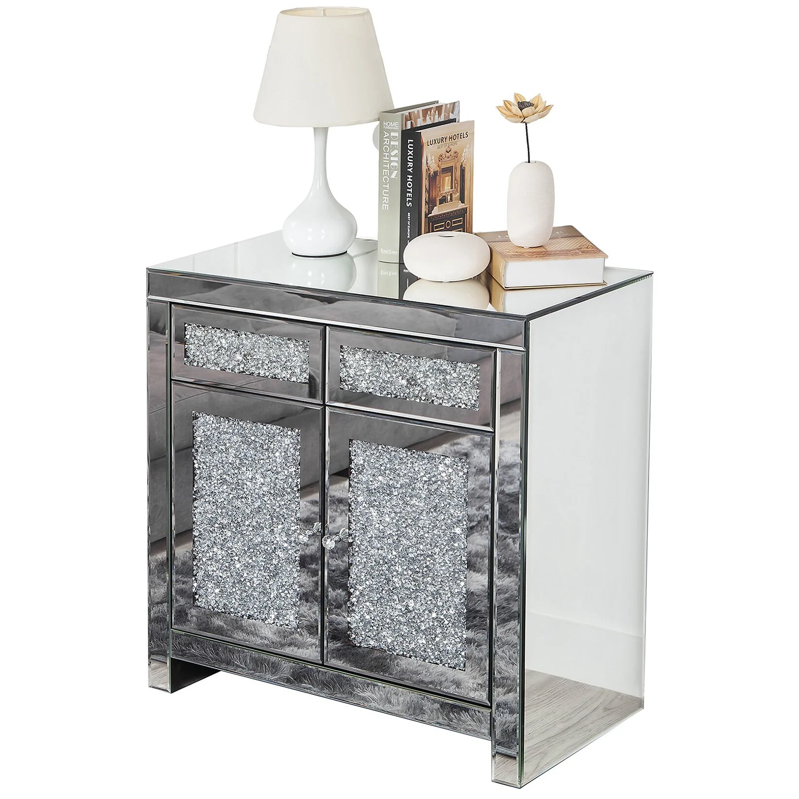 Luxury crushed diamond crystal mirrored 2 door 2 drawer buffet cabinet sideboard