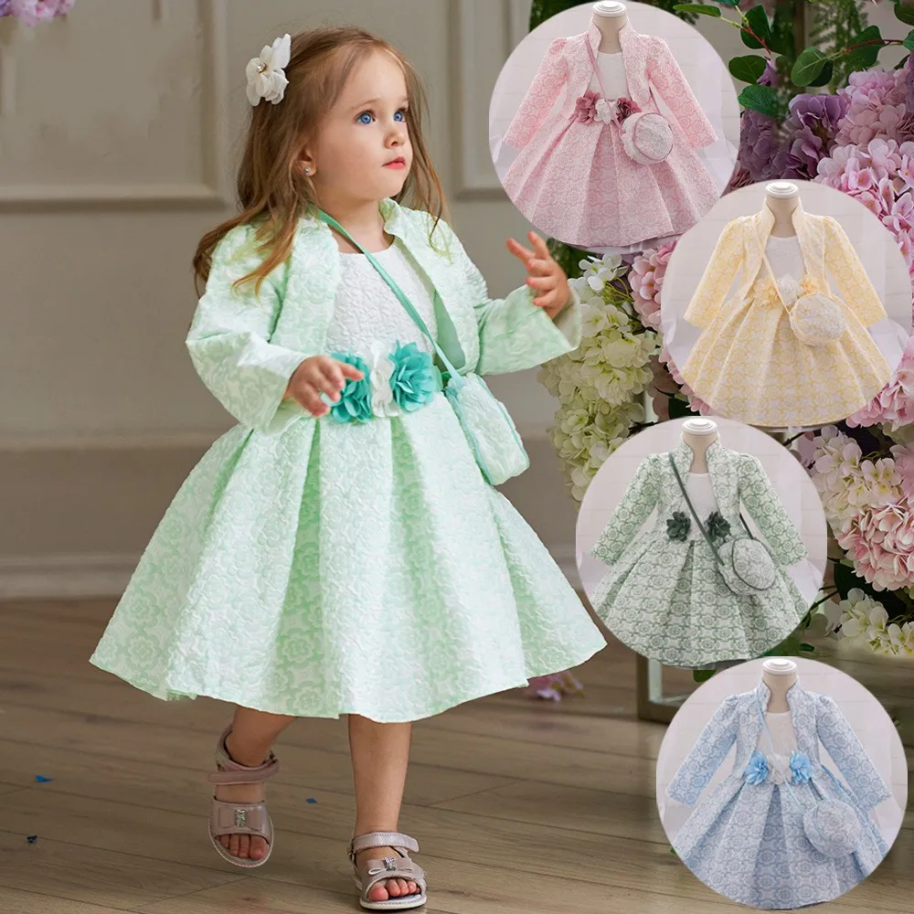 Autumn New Pink Flower Girls Dresses Princess Skirt Mesh Delivery Satchel 3pcs High-end Kids Clothing Baby Girls Party Dress