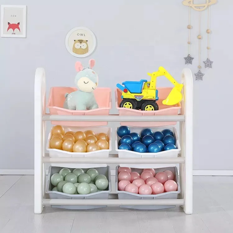 Plastic kindergarten playroom playground indoor child kids toy storage organizer shelf with boxes