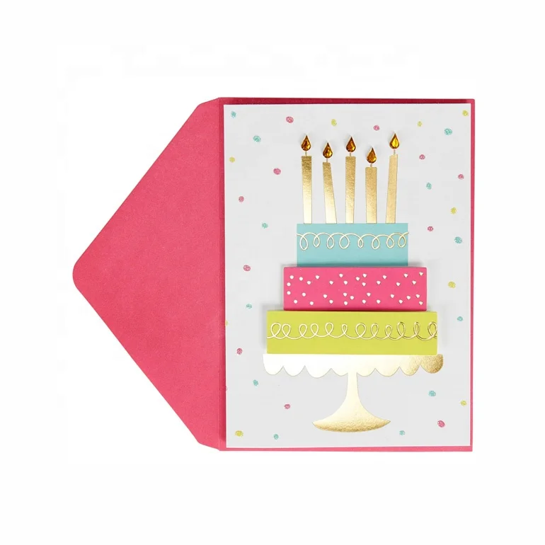 Colorful 3D Cake Wish Birthday Handmade Cards, Greeting Cards With Gems and Foil