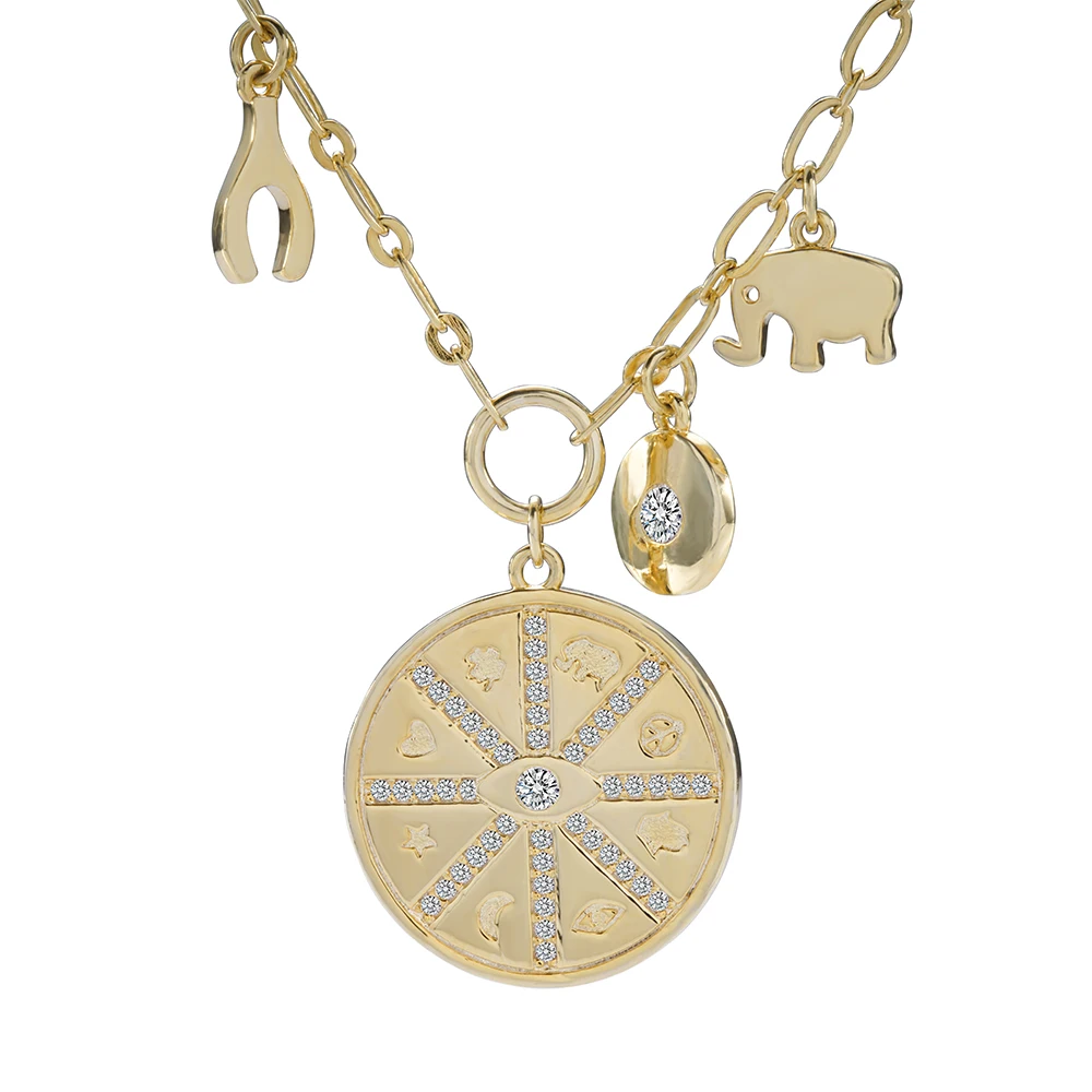 18k Gold Fashion Jewelry Big Coin With Small Elephant Charms Pendant Silver Necklace