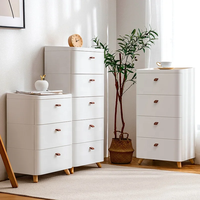 Japandi style  plastics storage cabinet drawers with wooden lid multi-layers storage drawer with wheel