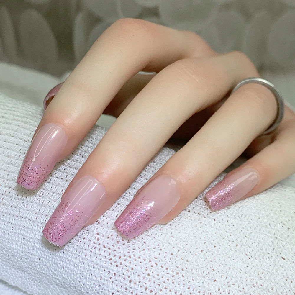 Cheap Price Press On Designer Nails Bulk Medium Coffin Artificial Acrylic Fingernail Tips Nude Pink Glitter Ombre Reusable Nails