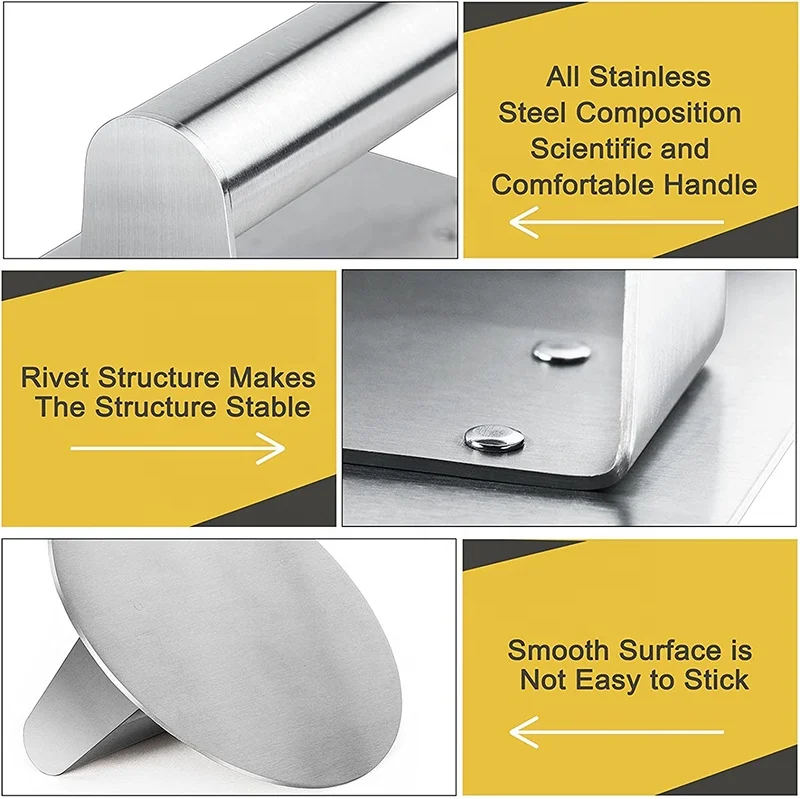 Factory Stainless Steel Burger Press, 6.2 inch Round Burger Smasher for Flat Top Griddle Grill Cooking