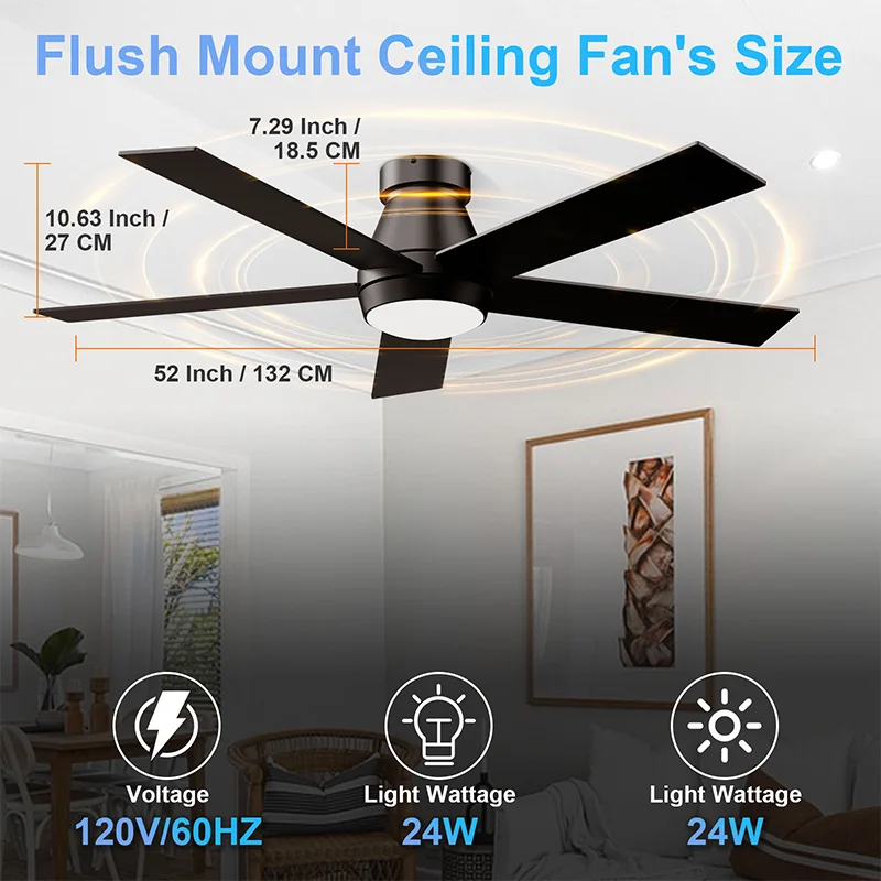 TCL Modern Smart 52 Inch 5 Blades Black Dc Motor Led Ceiling Fan with Light and Remote Control for Home Living Room or Bedroom