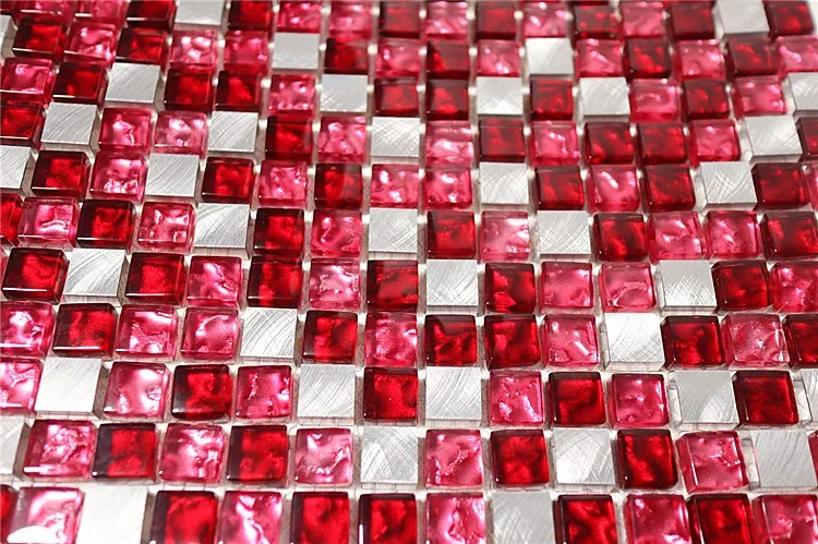 Factory Discount Price Silver Aluminum Metal Red Mixed Glass Mosaic Tile Tiles For Walls