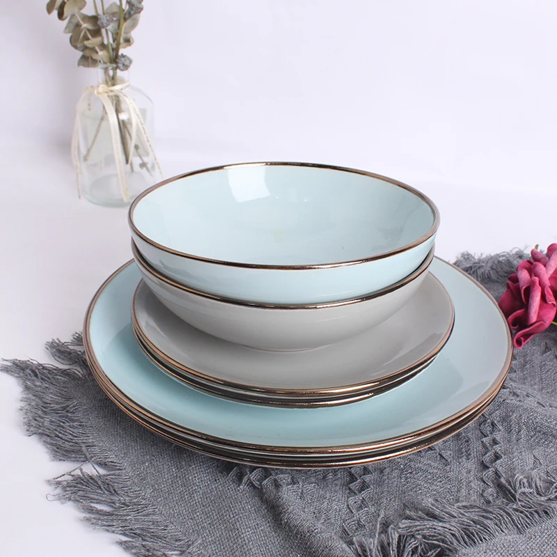 High Quality Luxury Gold Rim White Porcelain Ceramic Kitchen Utensil Plate Dish Bowl Dinner Dinnerware Set