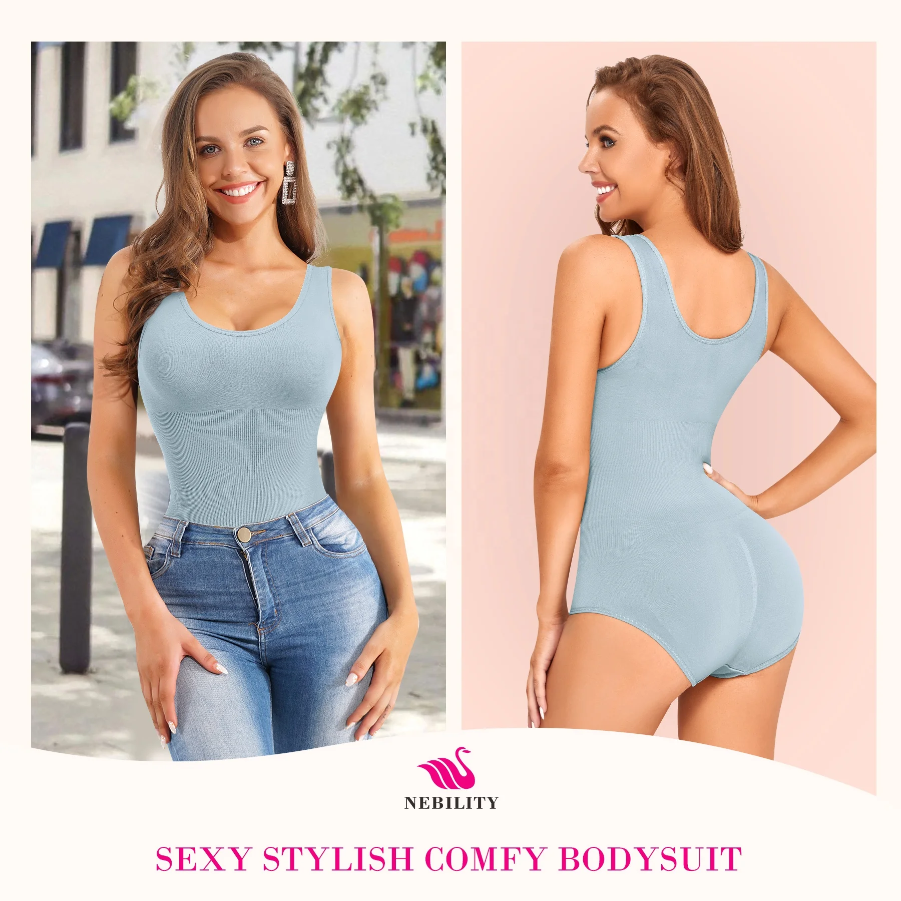 New Nebility High Elasticity Women Shapewear Bodysuit Sculpting Round Neck Seamless Waist Trainer Tummy Control Body Shaper