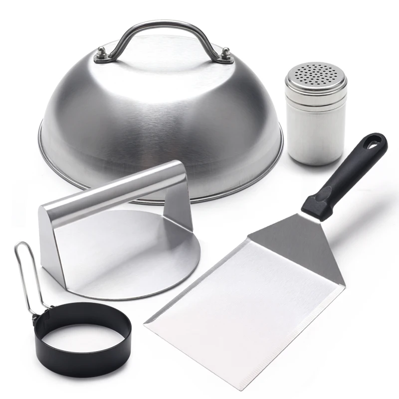 Stainless Steel BBQ Grilling Meat Patty Flipper Scraper Hamburger Presses Set With Cover